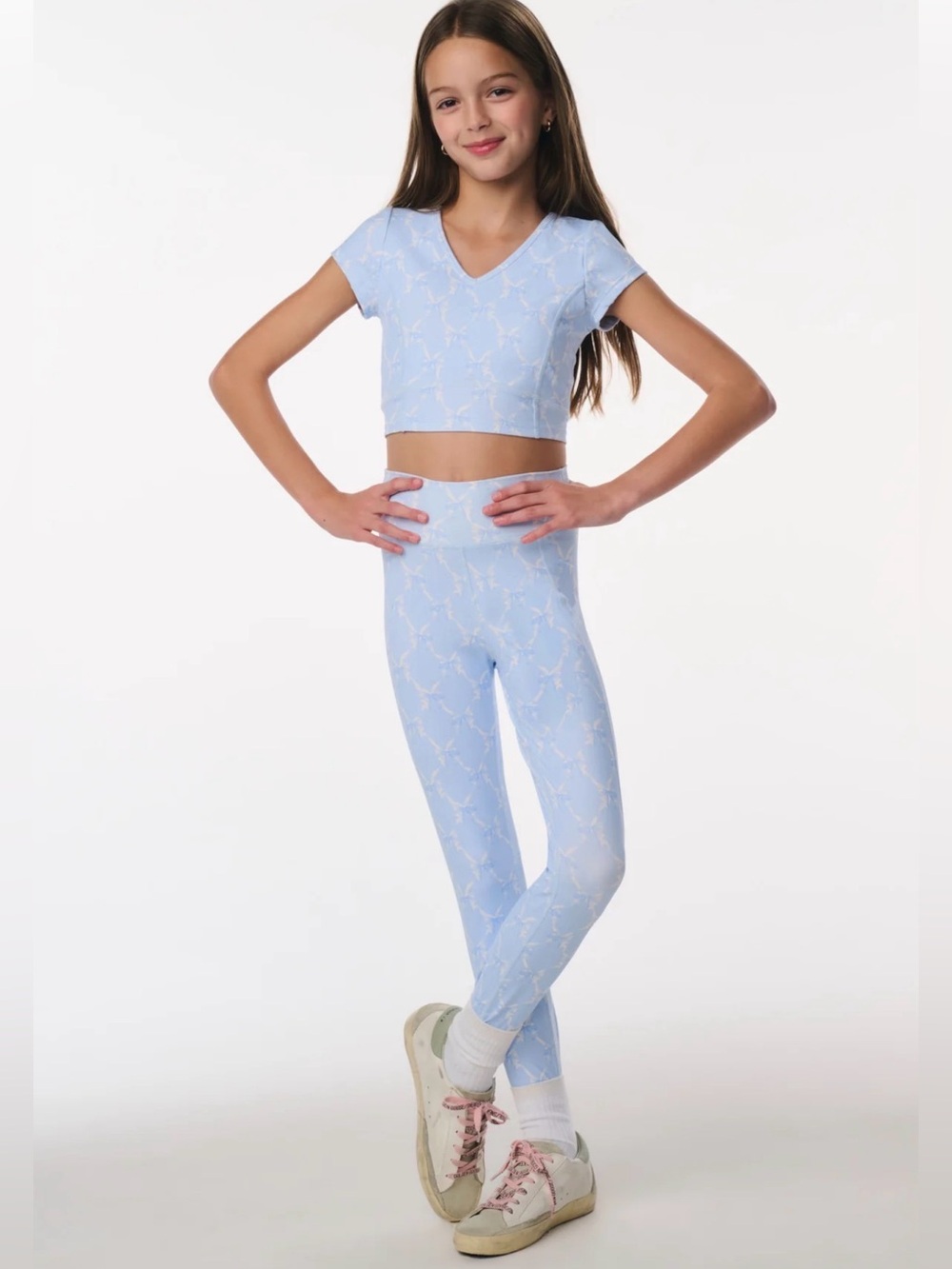 New LoveShackFancy Tween 2 pc Crop Top And Leggings Bow Print SZ M Chilled Blue